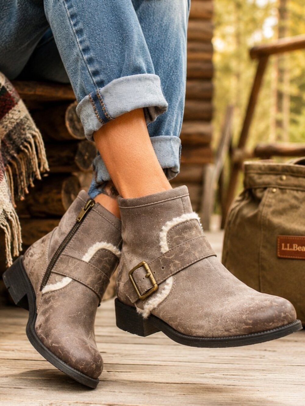 NNT UGG Sample Shearling Moto Ankle Boots Womens 7 Leather Buckle Winter BOHO